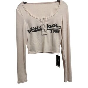 EMI Henley Crop Top Womens Small Beige New School 1988 Retro Y2K Ribbed Knit‎